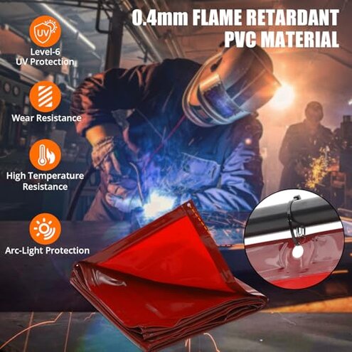 3 Panel 6x6 FT Vinyl Welding Screen with Frame, Flame-Resistant PVC Welding Curtain with Lockable Swivel Wheels, Transparent Welding Screen Panel for Welding Safety, Red