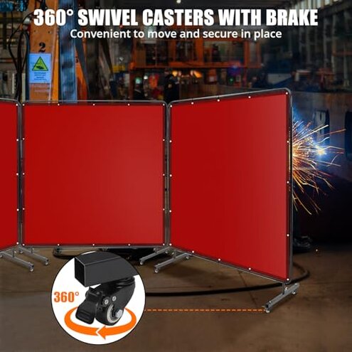 3 Panel 6x6 FT Vinyl Welding Screen with Frame, Flame-Resistant PVC Welding Curtain with Lockable Swivel Wheels, Transparent Welding Screen Panel for Welding Safety, Red