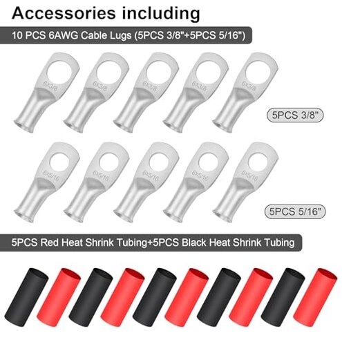 iGreely 6 Gauge 6 AWG Wire 10 Feet Black + 10 Feet Red Ultra Flexible Welding Battery Pure Copper Cable + 5pcs of 5/16" & 5pcs 3/8" Copper Cable Lug Terminal Connectors+Heat Shrink Tubing