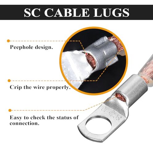 SUNNAREPOON 2 Gauge Battery Cable (12 Feet Black, 12 Feet Red) - 2 AWG Copper Clad Power Welding Wire with M8 & M10 SC Connector Lugs for Car, Camper, RV, Solar Low Voltage Inverter Wiring