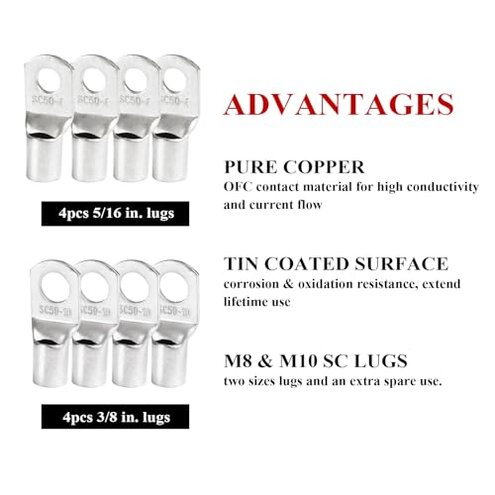 SUNNAREPOON 2 Gauge Battery Cable (12 Feet Black, 12 Feet Red) - 2 AWG Copper Clad Power Welding Wire with M8 & M10 SC Connector Lugs for Car, Camper, RV, Solar Low Voltage Inverter Wiring