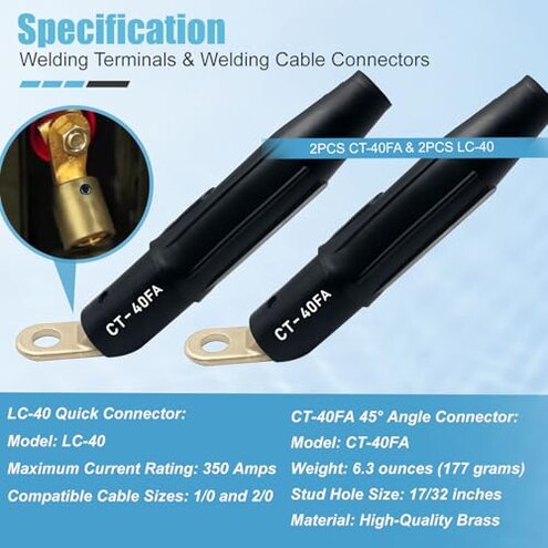 2PCS CT-40FA Welding Terminals & 2PCS LC-40 Welding Cable Connectors, Welder Leads Quick Connector and Terminal for Welding Machine Accessories, 1/0 and 2/0(50-70mm²) Cable Size Capacity