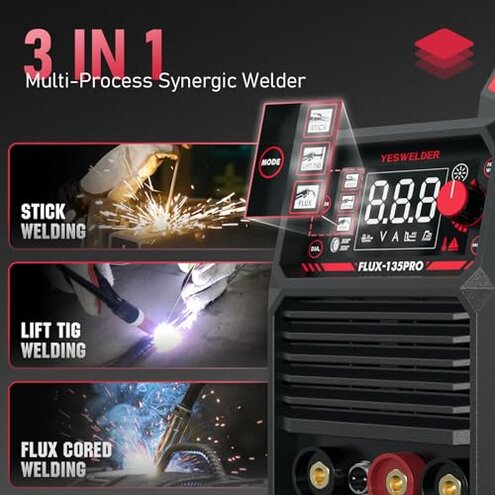 YESWELDER 135Amp MIG Welder,110V Flux Core Welder Flux Core MIG/Lift TIG/Stick 3-in-1 Large LED Digital Display Welding Machine IGBT Inverter Welder FLUX-135PRO