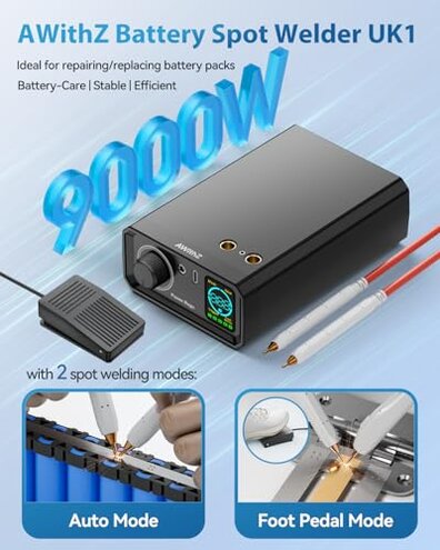 AWithZ 9000W Battery Spot Welder, Rotary Knob Operation 100 Gears Adjustable Foot Pedal Operated, 0.1-0.3mm Spot Welder with Dual Pulse Output, Portable Spot Welder for Making DIY Battery Packs (UK1)