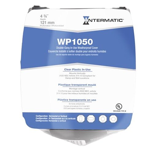 Intermatic WP1050 4-3/4" Deep Weatherproof Outlet Cover – Clear, GFCI & Round, Vertical Mount, UL Certified - Accommodates Single Device Configuration On Larger Double Gang 4"x4" Boxes