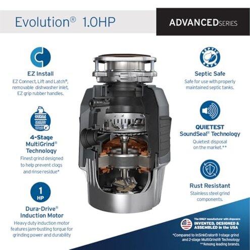 InSinkErator EVOLUTION 1HP 1 HP, Advanced Series Continuous Feed Food Waste Garbage Disposal, Gray