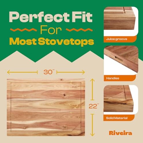 Riveira 30x22 Acacia Natural Stove Top Covers for Electric Stove & Gas Stove Top Covers for Gas Burners &ndash; Large Gas Stove Cover with Handle & Juice Groove &ndash; Rustic Stove Covers for Gas Stove Top