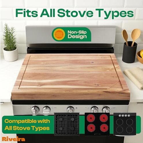 Riveira 30x22 Acacia Natural Stove Top Covers for Electric Stove & Gas Stove Top Covers for Gas Burners &ndash; Large Gas Stove Cover with Handle & Juice Groove &ndash; Rustic Stove Covers for Gas Stove Top