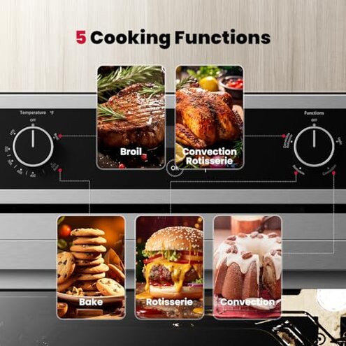 GASLAND 24 in Gas Wall Oven, ETL Certified Natural Gas Wall Oven, Built-in Single Wall Oven, with Bake Broil Rotisserie Functions, Timer and Convection Fan, 120V Cord Plug, Black