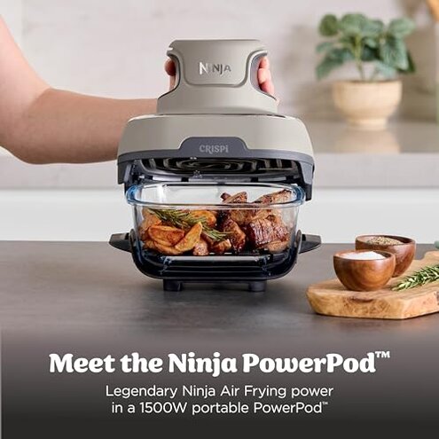 Ninja Crispi Air Fryer, Microwave, Freezer & Dishwasher Safe, Non Toxic Glass Portable Cooking System, 4 QT & 6 Cup Glass Containers with Storage Lids, Easy Meals, Air Fry, Bake, Stone, FN101ST