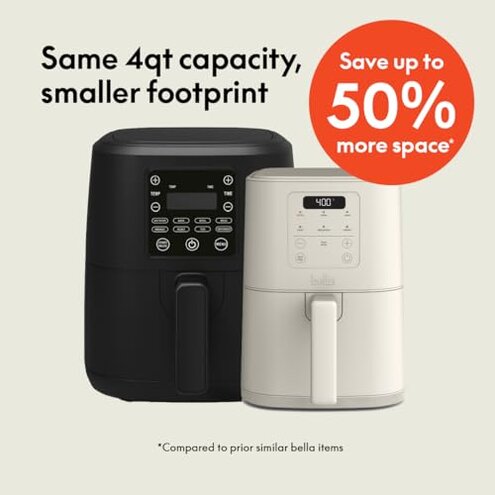 bella 4Qt Slim Air Fryer, Fits-anywhere&trade; Kitchenware, EverGood&trade; Ceramic Nonstick Coating, Adjustable Temperature, 6 Preset Cooking Options, 60 Min Auto Shutoff w Audible Tone, 3.3lb Capacity, Oatmilk