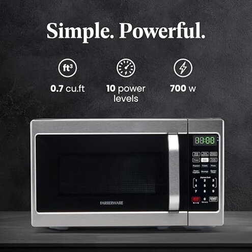 Farberware 0.7 Cu. Ft. Countertop Microwave Oven &ndash; 700 Watts Power, Auto Cook Settings, Defrost, Easy Clean and Child Safety Lock - Stainless