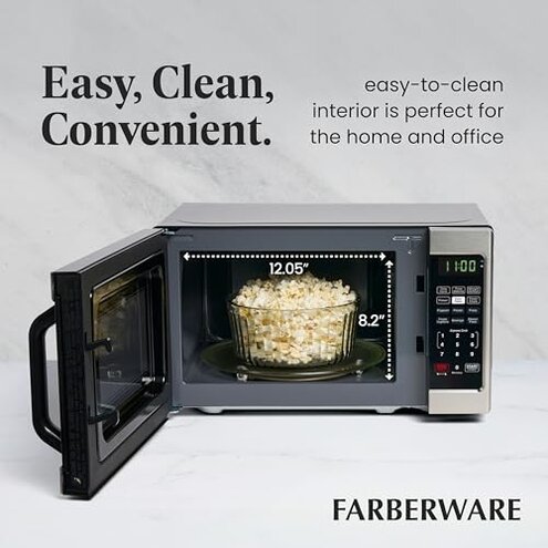 Farberware 0.7 Cu. Ft. Countertop Microwave Oven &ndash; 700 Watts Power, Auto Cook Settings, Defrost, Easy Clean and Child Safety Lock - Stainless