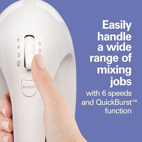 Hamilton Beach 6-Speed Electric Hand Mixer with Whisk, Dough Hooks and Easy Clean Beaters, Powerful 275 Watt Motor, Snap-On Storage Case, White