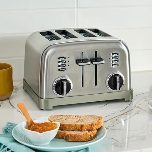 Cuisinart 4 Slice Toaster, Compact Stainless Steel Toaster with Extra-Wide Slots for Toasting Bread, French Toast, Bagels and Pastries, Defrost & Reheat Functions, CPT-180P1, Brushed Stainless