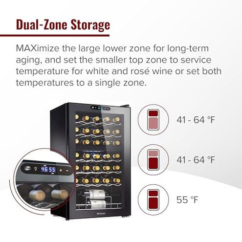 Wine Enthusiast 32-Bottle Dual Zone MAX Compressor Wine Cooler – Freestanding Mini Fridge with Digital Touchscreen, LED Display, Split Storage for Red & White Wines, Matte Black Refrigerator Home Bar