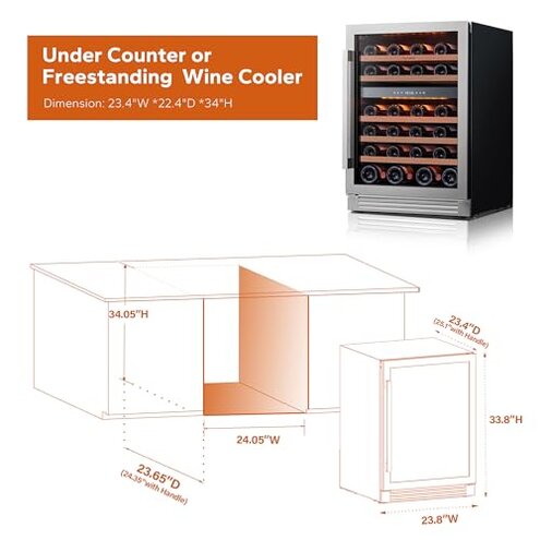 Ca'Lefort Wine Fridge & Cooler - 24 Inch 46 Bottle Wine Cooler Refrigerator, 40-65&deg;F Dual Zone Wine Refrigerator Glass Door, 3 LED Built-in or Freestanding Fridge for Home/Bar/Kitchen (5.65 cu.ft)