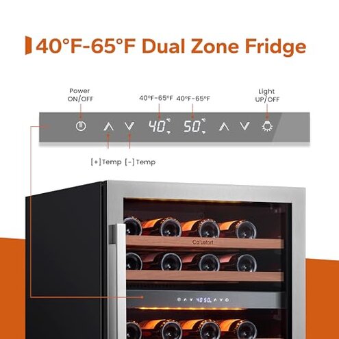 Ca'Lefort Wine Fridge & Cooler - 24 Inch 46 Bottle Wine Cooler Refrigerator, 40-65&deg;F Dual Zone Wine Refrigerator Glass Door, 3 LED Built-in or Freestanding Fridge for Home/Bar/Kitchen (5.65 cu.ft)