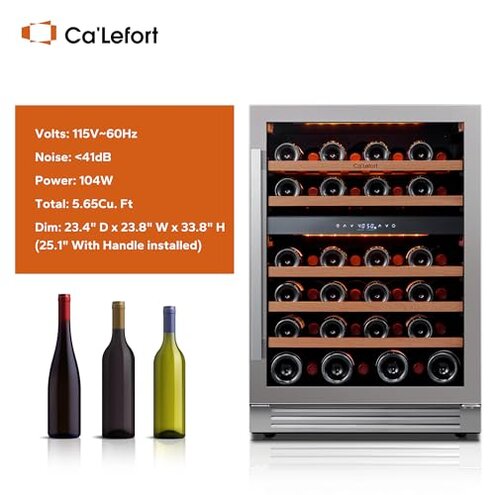 Ca'Lefort Wine Fridge & Cooler - 24 Inch 46 Bottle Wine Cooler Refrigerator, 40-65&deg;F Dual Zone Wine Refrigerator Glass Door, 3 LED Built-in or Freestanding Fridge for Home/Bar/Kitchen (5.65 cu.ft)