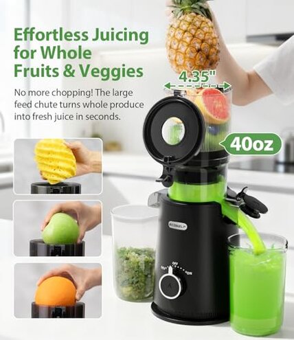 ECOSELF Juicer Machines Easy to Clean, with Wide Mouth & Large Feed Chute, Cold Press Juicer For Whole Fruits & Vegetables, Slow Masticating Self Feeding for Juice Extractor Machine, High Juice Yield