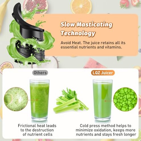 Cold Press Juicer, Juicer Machines with 5.4" Wide Feed Chute for Juice Extractor, Slow Masticating Juicer for Vegetables & Fruits with High Juice Yield, Easy to Clean (Black)