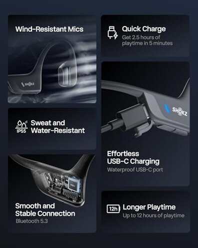 SHOKZ New OpenRun Pro 2- Bone Conduction Headphones, Open-Ear Bluetooth Wireless Sport Earphones for Running, Workouts - Sweat Resistant, Secure Comfortable Fit -Deep Bass, Smart Mic, Reflective Strip