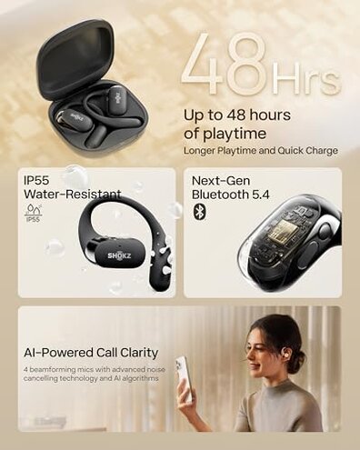 SHOKZ OpenFit 2 Open-Ear Headphones,True Wireless Bluetooth Earphones with Microphone,Earhook Earbuds with 48 Hours of Playtime,Fast Charging,IP55 Water-Resistant,with Carrying Bag,Black,Bluetooth5.4