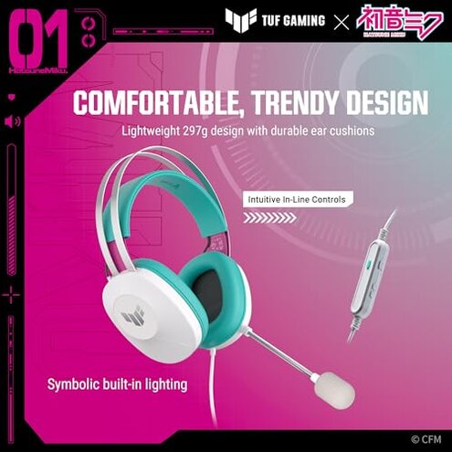 ASUS TUF Gaming H1 Gen II Hatsune Miku Edition Wired USB Gaming Headset with Mic &ndash; 40mm Drivers, Virtual 7.1 Surround Sound, TeamSpeak-Certified Mic, Removeable Ear Cushions, for PC, PS5 - Aqua