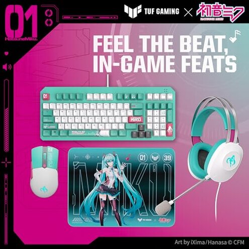 ASUS TUF Gaming H1 Gen II Hatsune Miku Edition Wired USB Gaming Headset with Mic &ndash; 40mm Drivers, Virtual 7.1 Surround Sound, TeamSpeak-Certified Mic, Removeable Ear Cushions, for PC, PS5 - Aqua