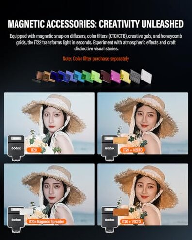 Godox iT22 S Mini Flash for Sony Camera Built-in 7.4V 300mAh Battery Manual/TTL Modes 700+ Flashes 1.5s Recycle Hot Shoe Flash with Diffuser/Color Filters Accessories for Sony zev10 ect