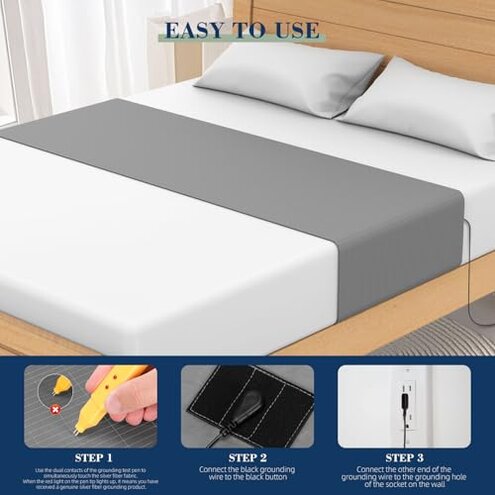 Grounding Sheets King 20% Silver Fiber 80% Organic Cotton with Outlet Tester and Test Pen, Grounded Bed Sheet Kit Earth Connected Bedding(Gray, King)