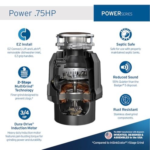 InSinkErator Power .75HP, 3/4 HP Garbage Disposal, Power Series EZ Connect Continuous Feed Food Waste Disposer, Black