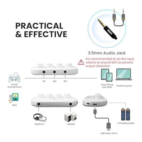 JUST MIXER Audio/DJ Mixer - Battery/USB Powered Portable Pocket Audio Mixer w/ 3 Stereo Channels (3.5mm) Plus On/Off Switch (Orange)