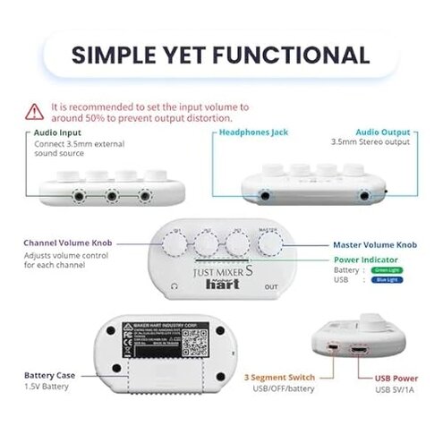 JUST MIXER Audio/DJ Mixer - Battery/USB Powered Portable Pocket Audio Mixer w/ 3 Stereo Channels (3.5mm) Plus On/Off Switch (Orange)