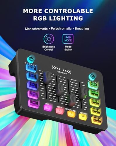 Glomtheia Gaming Sound Board Audio Interface Voice Changer for PC PS4 PS5 Streaming Mixer Soundboard Compatible with XLR Condenser/Dynamic Microphone