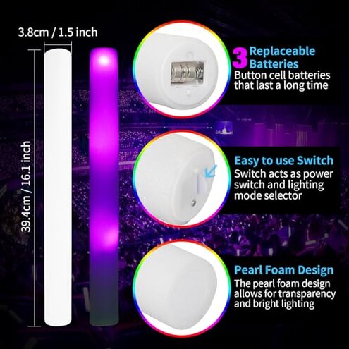 MROKO 25-200 Pcs Custom LED Foam Glow Sticks Set-Suit for Party, Wedding, Birthday, Concert, Sport Game and Celebration- 3 Lighting Modes