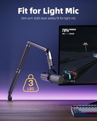 TODI Mic Arm for Lightweight Mics, Microphone Arm Rotatable, Storable Desk Mic Stand for Bear 3LB with Mount Clamp, Mic Stand Boom Arm with Cable Channel with 3/8'' 5/8'' Thread for Podcast, Gaming