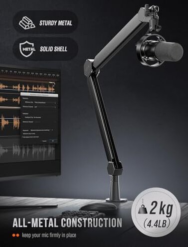 FIFINE Mic Arm Stand, Microphone Boom Arm with Desk Clamp, Cable Channels, 3/8" to 5/8" Threads, Heavy Metal Microphone Stand for Podcast, Vocal Recording, Gaming-BM66 Black