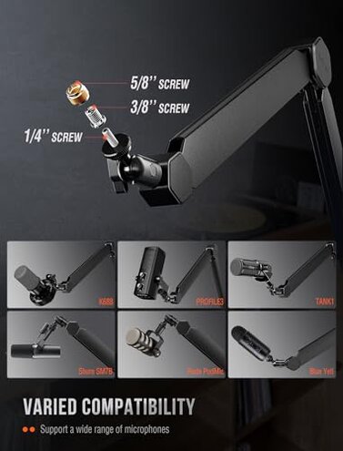 FIFINE Mic Arm Stand, Microphone Boom Arm with Desk Clamp, Cable Channels, 3/8" to 5/8" Threads, Heavy Metal Microphone Stand for Podcast, Vocal Recording, Gaming-BM66 Black