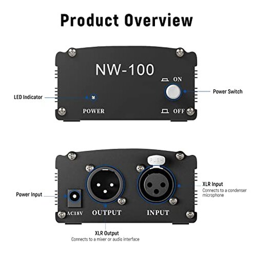 Neewer 1-Channel 48V Phantom Power Supply with Adapter, BONUS+XLR 3 Pin Microphone Cable for Any Condenser Microphone Music Recording Equipment (8 feet)