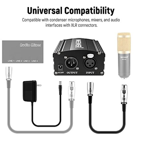 Neewer 1-Channel 48V Phantom Power Supply with Adapter, BONUS+XLR 3 Pin Microphone Cable for Any Condenser Microphone Music Recording Equipment (8 feet)