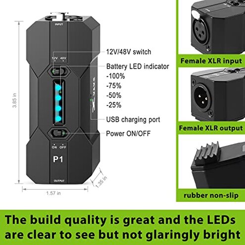 Xvive P1 Phantom Power Supply 48V/12V Switch,Up to 40 Hours of Use,Rechargeable Portable Phantom Power for Condenser/Shotgun Microphones, Mic Preamp, Recording Studios