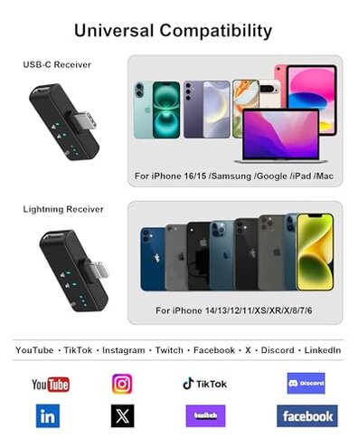 Mini Microphone for iPhone Android, Wireless Mic with 40H Battery, Noise Cancellation, 48KHz 16-Bit, 164ft Range, Magnetic & Clip on Lavalier Microphone for Video Recording, YouTube, Tiktok, Vlogging