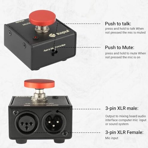 KOPUL Momentary Microphone Mute/Talk Button &ndash; Push-to-Talk or Push-to-Mute, LED Indicator,XLR in/Out, Desktop or Footswitch Use, for Dynamic & Condenser Mics for Podcast, Online Meetings, Live Events