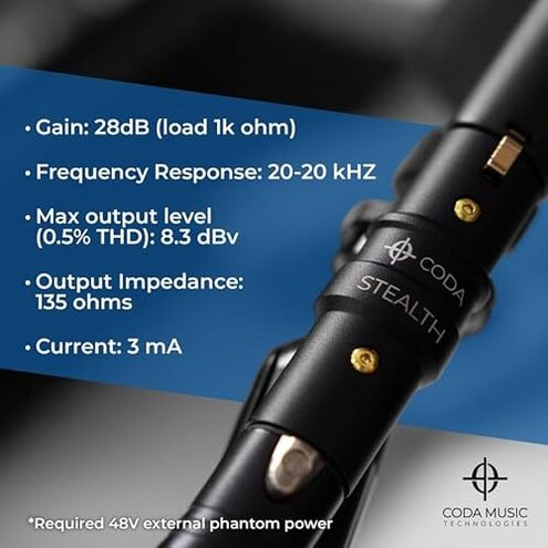 Coda MB-Stealth in-Line Microphone Preamp Mic Gain Booster for Dynamic and Ribbon Mics - 48V Phantom Power Mic Preamp with 28 db Clean Gain, Ultra Low Noise, Enhance Your Podcast or Livestream