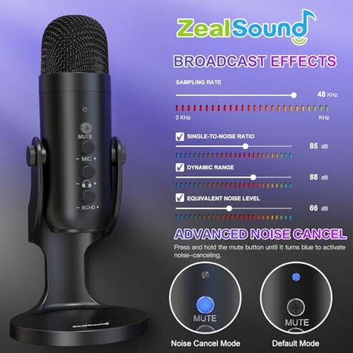 ZealSound USB Microphone,Condenser Computer PC Mic,Plug&Play Gaming Microphones for PS 4&5.Headphone Output&Volume Control,Mic Gain Control,Mute Button Vocal,YouTube Podcast on Mac&Windows(Black)