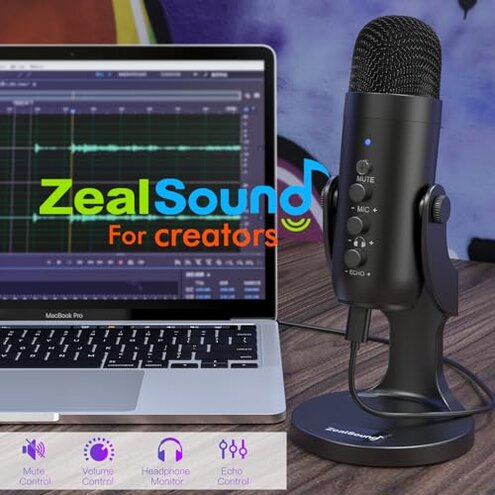 ZealSound USB Microphone,Condenser Computer PC Mic,Plug&Play Gaming Microphones for PS 4&5.Headphone Output&Volume Control,Mic Gain Control,Mute Button Vocal,YouTube Podcast on Mac&Windows(Black)