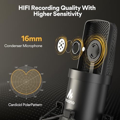 USB Microphone, MAONO 192KHZ/24Bit Plug & Play PC Computer Podcast Condenser Cardioid Metal Mic Kit with Professional Sound Chipset for Recording, Gaming, Singing, YouTube (AU-A04)