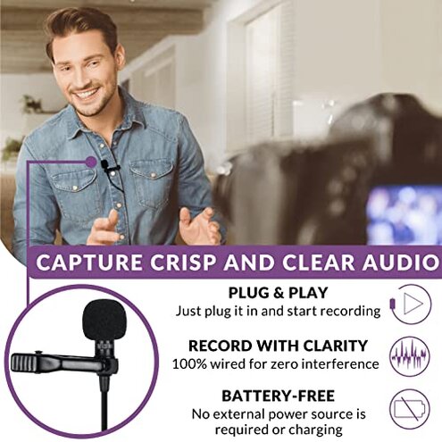 Purple Panda Lavalier Microphone Kit – Clip-On Lapel Mic for Motovlog, Creators & Vlogging – GoPro, DJI & Insta360 Action Cameras, iPhone, Android, iPad, DSLR, Zoom/Tascam, PS5 – Omnidirectional