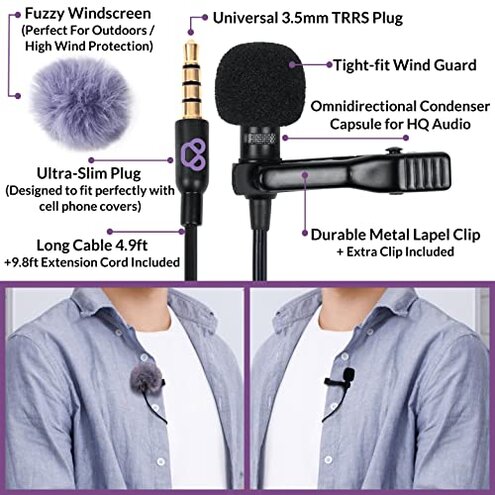Purple Panda Lavalier Microphone Kit – Clip-On Lapel Mic for Motovlog, Creators & Vlogging – GoPro, DJI & Insta360 Action Cameras, iPhone, Android, iPad, DSLR, Zoom/Tascam, PS5 – Omnidirectional